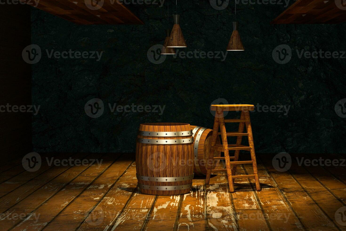 Wooden cellar with barrels and ladder inside, vintage beverage warehouse, 3d rendering. photo