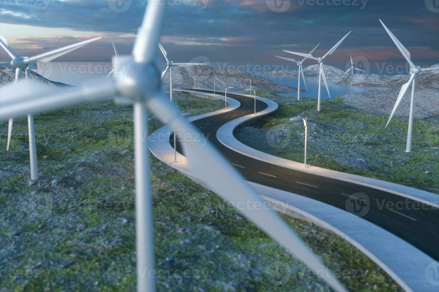 Windmills and winding road in the open, 3d rendering. photo