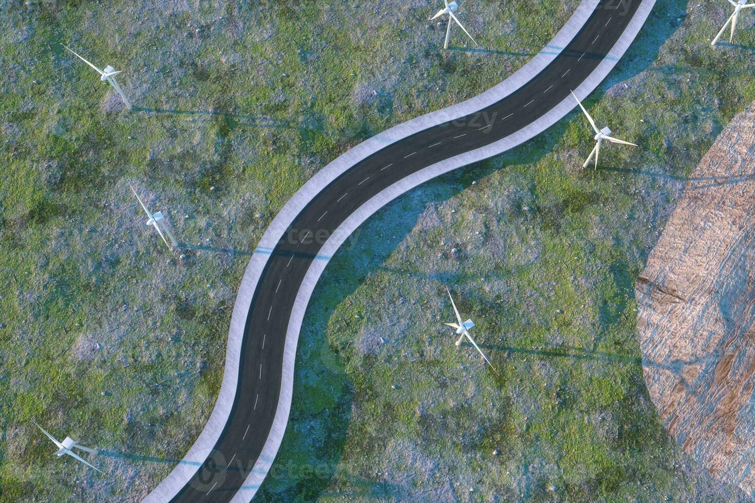 Windmills and winding road in the open, 3d rendering. photo