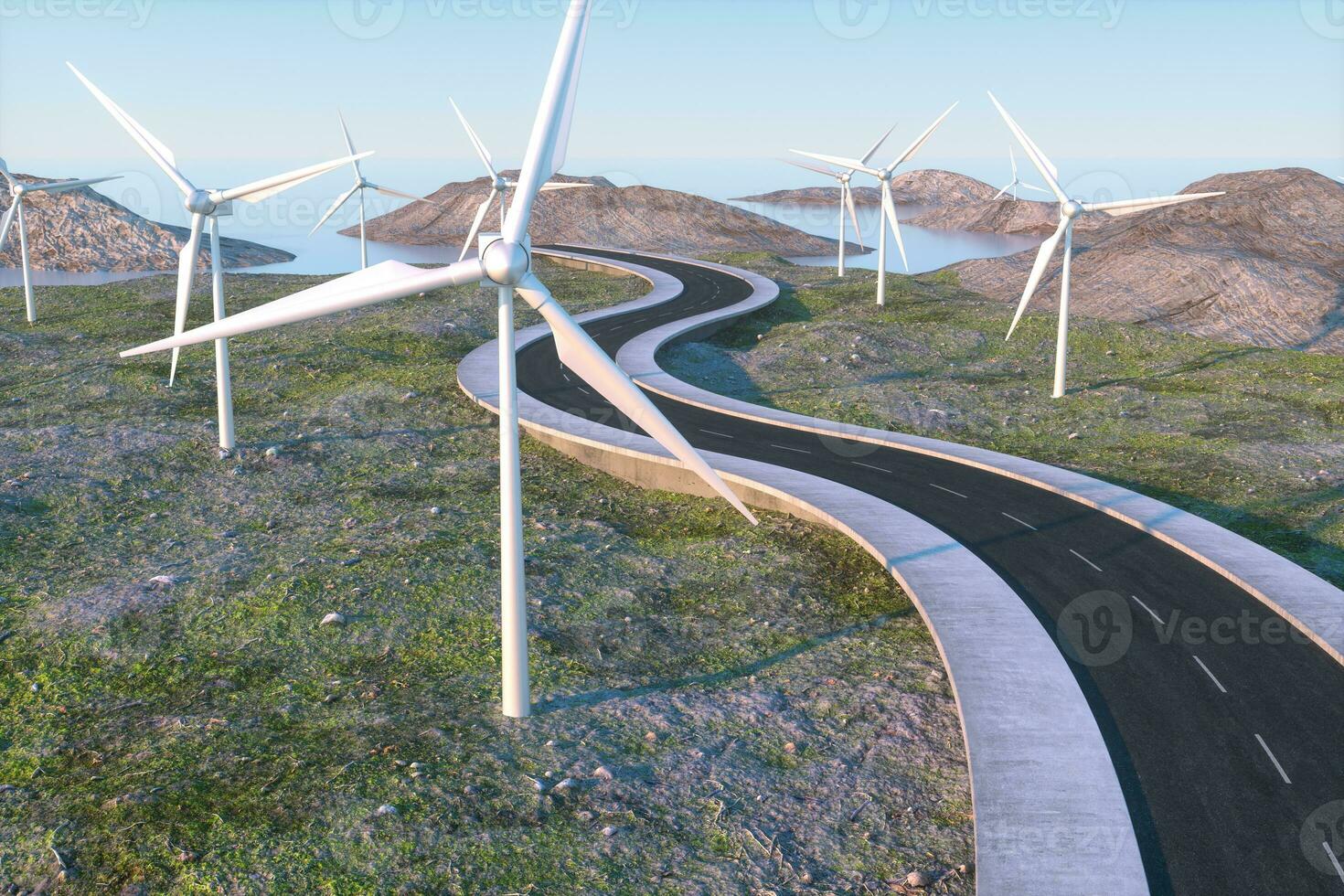 Windmills and winding road in the open, 3d rendering. photo