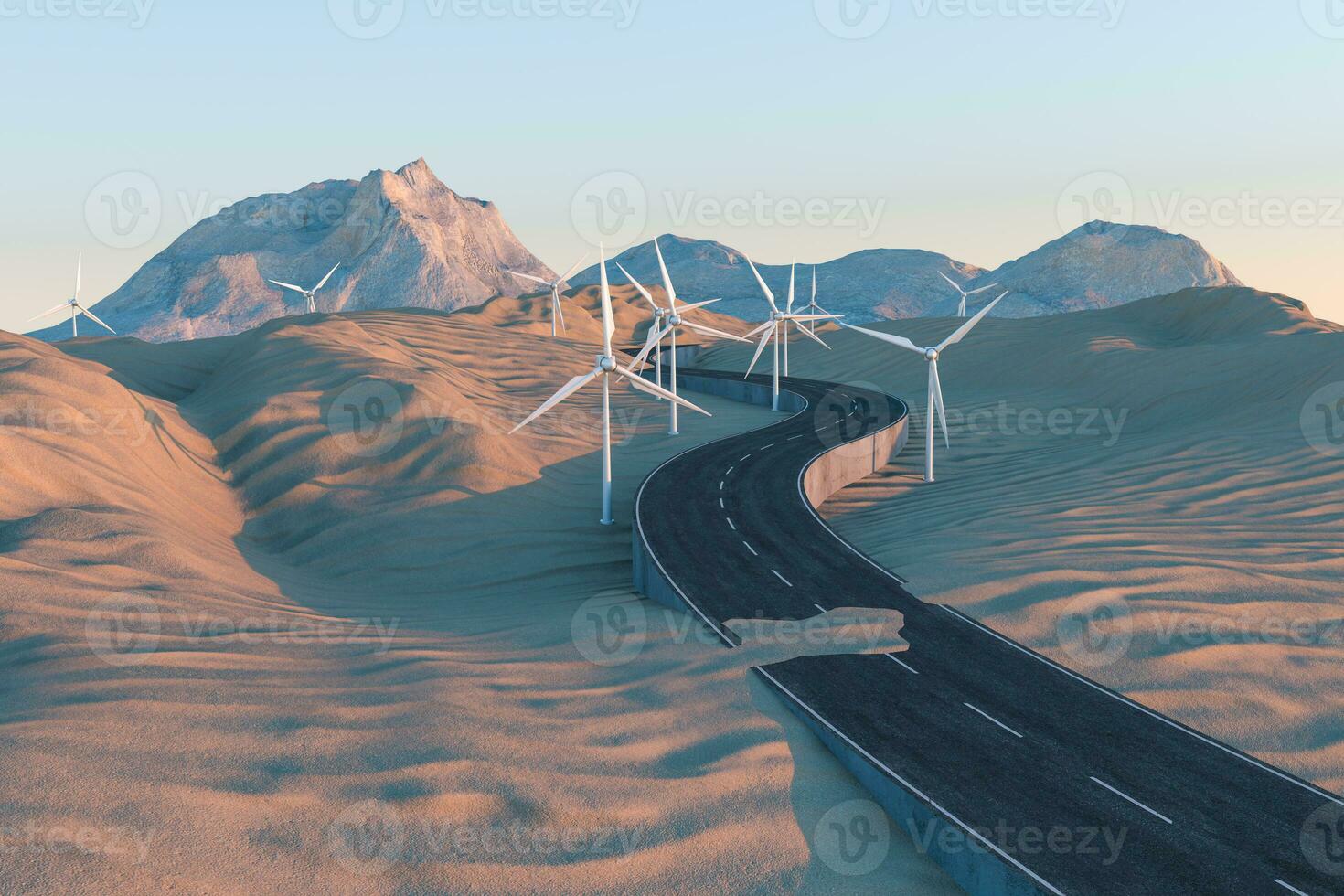 Windmills and winding road in the open, 3d rendering. photo