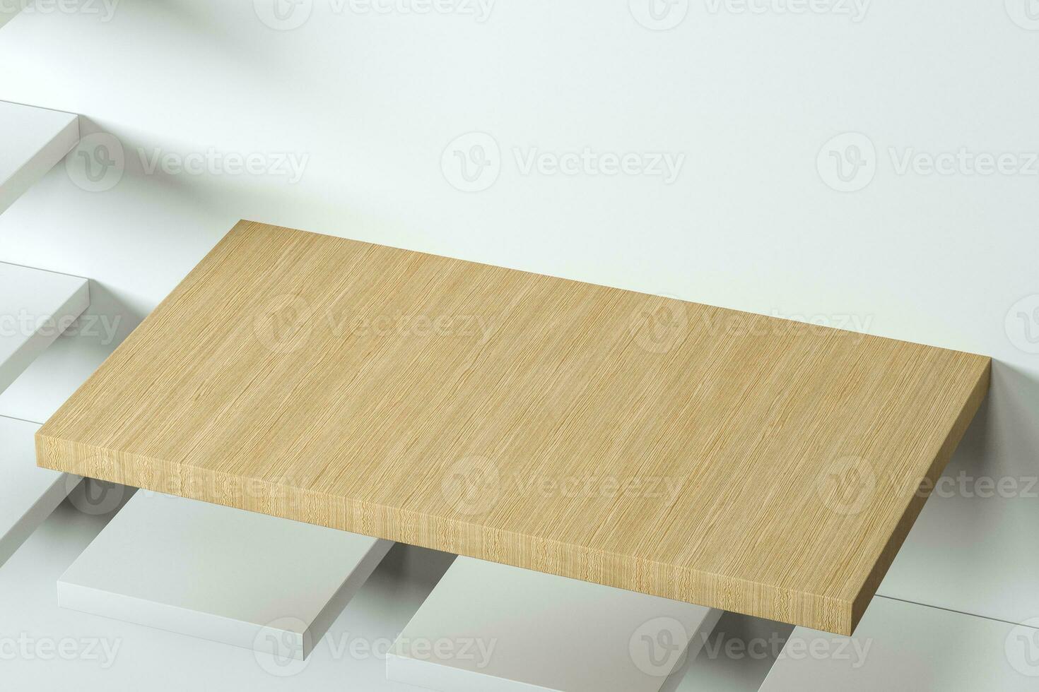 3d rendering, the wooden cubic platform in the white empty room. photo