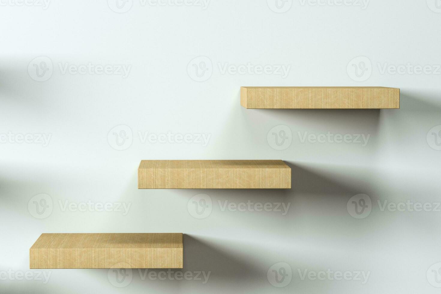 3d rendering, the wooden cubic platform in the white empty room. photo