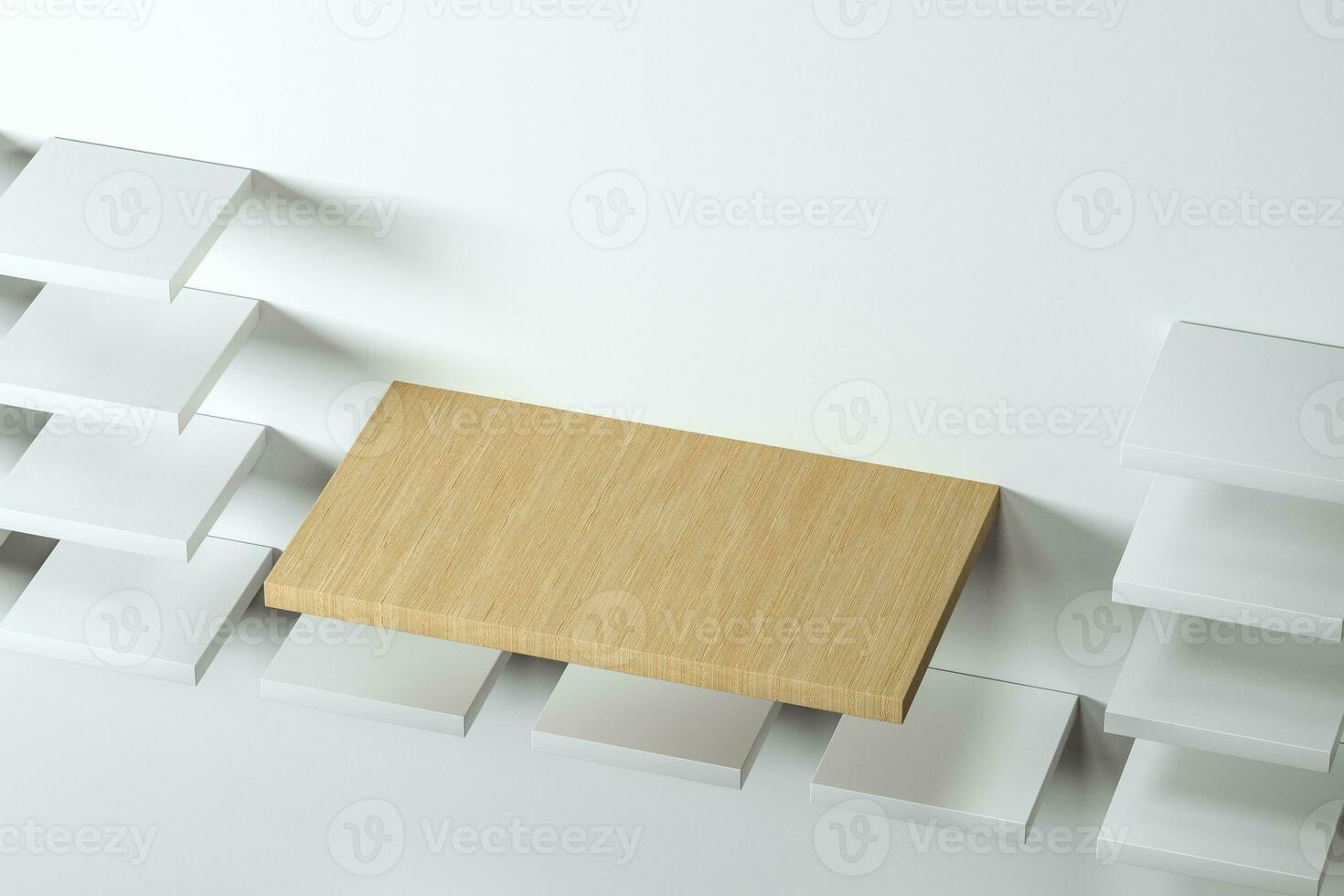 3d rendering, the wooden cubic platform in the white empty room. photo