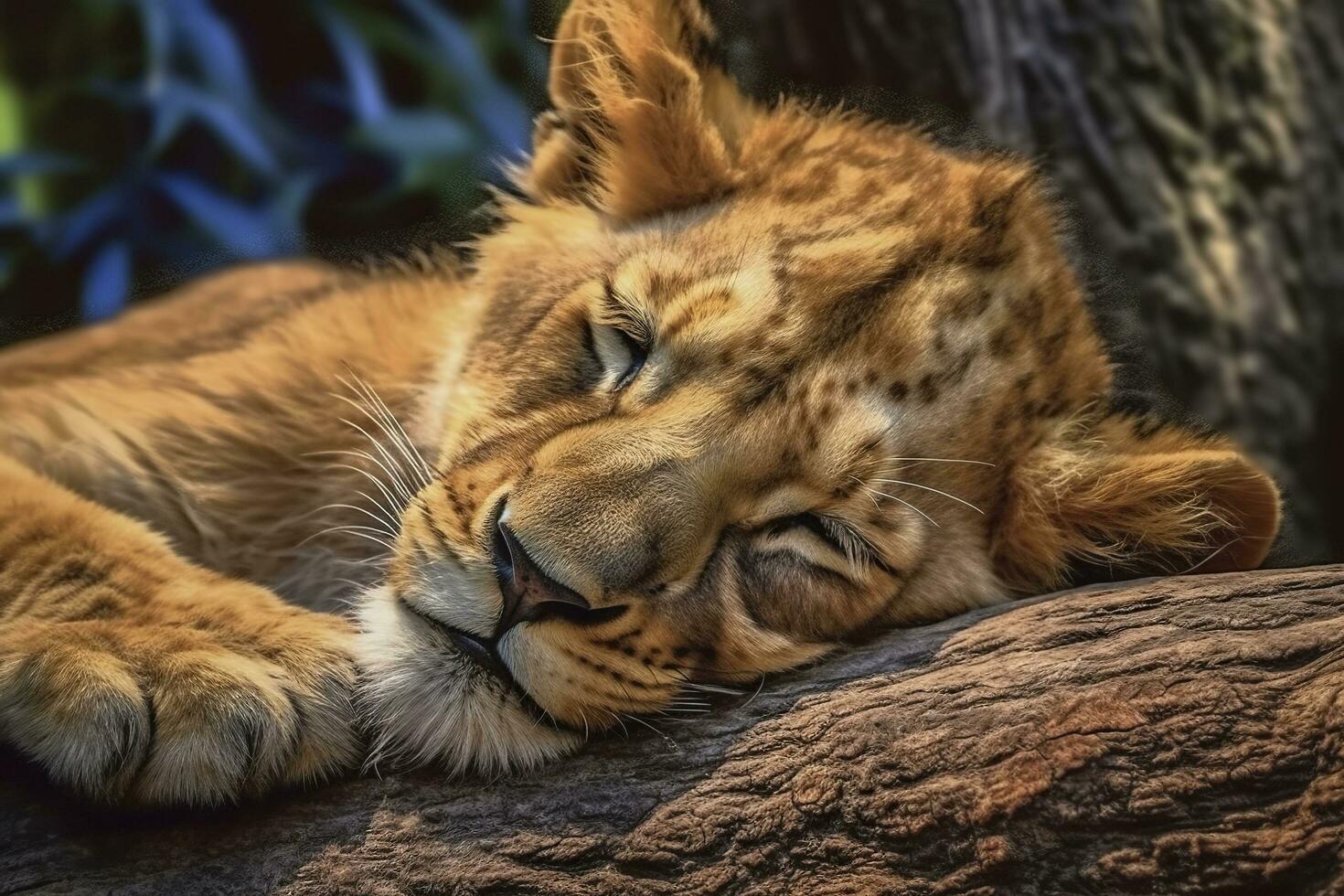 Cute little lion cub sleep. Generative AI. photo