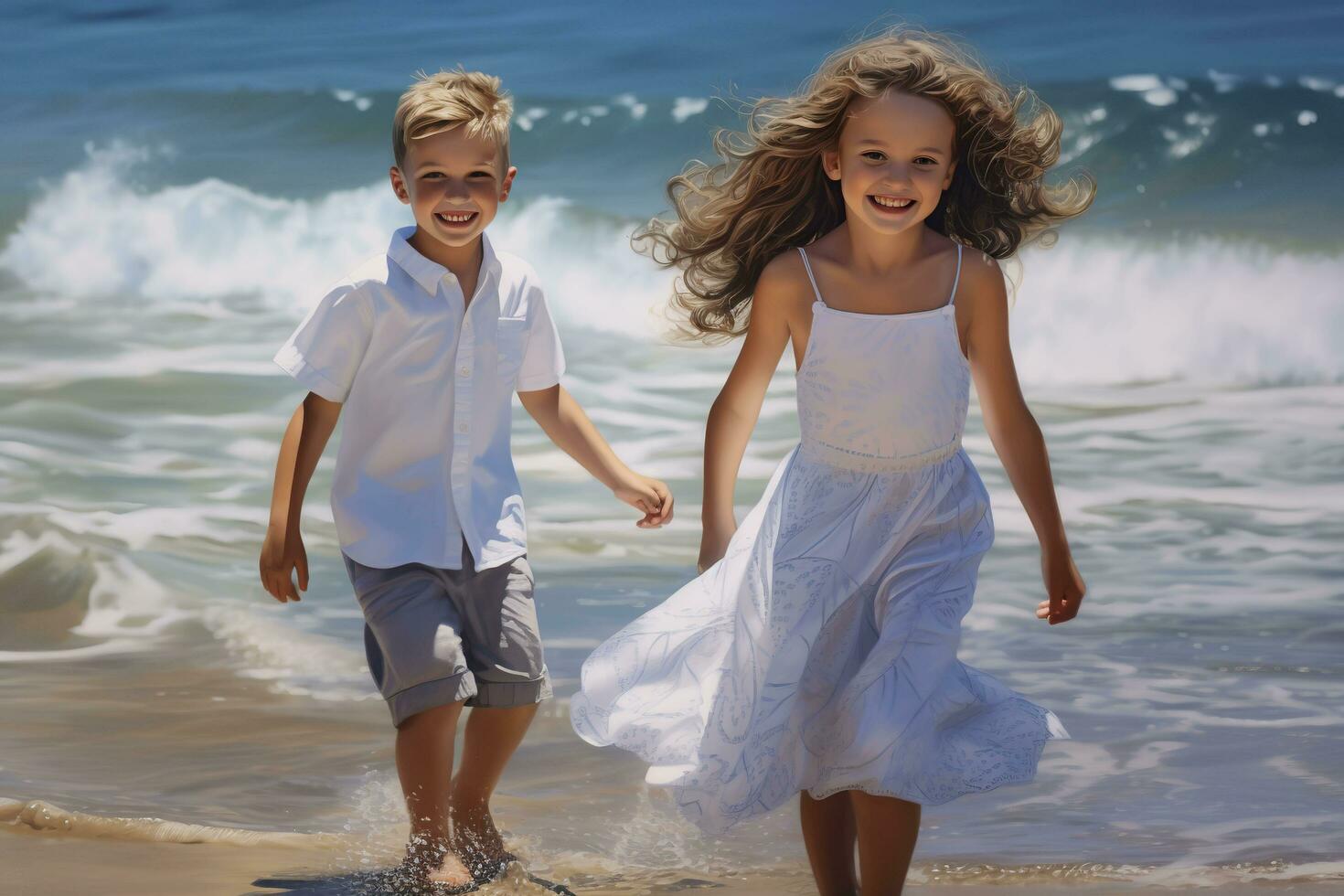 Boy and girl running along the coast. photo