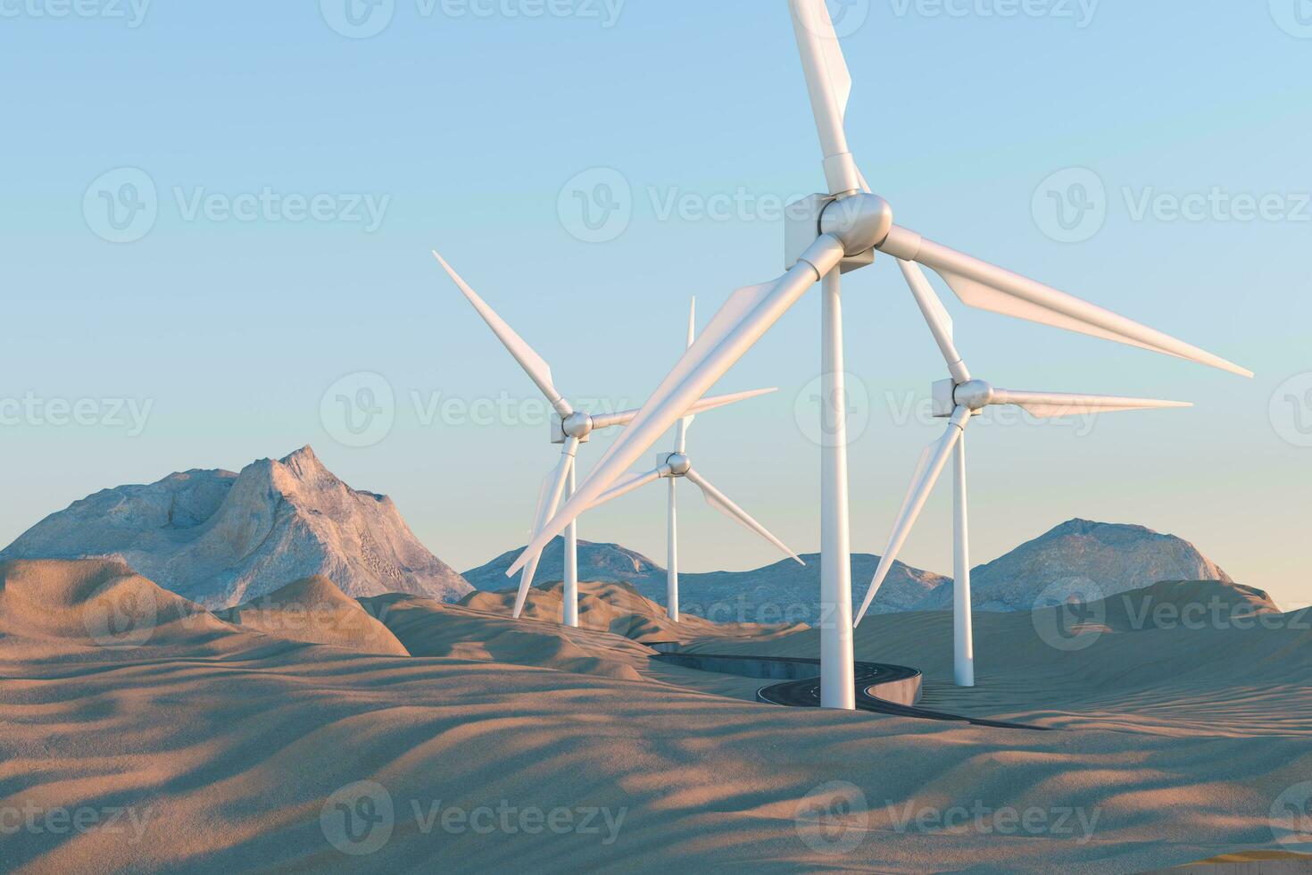 Windmills and winding road in the open, 3d rendering. photo