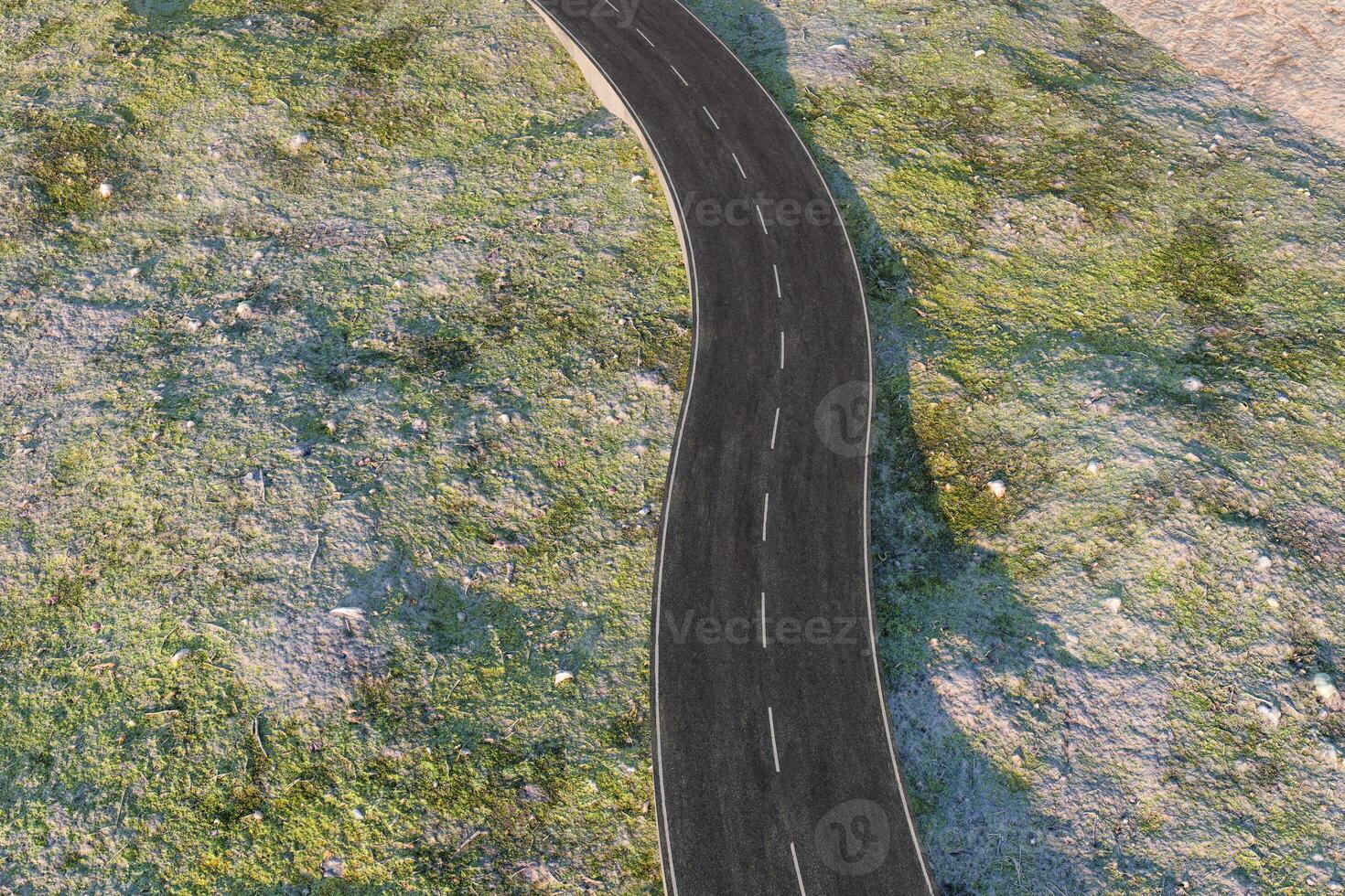 el ondulación la carretera en el abandonado afueras, 3d representación foto