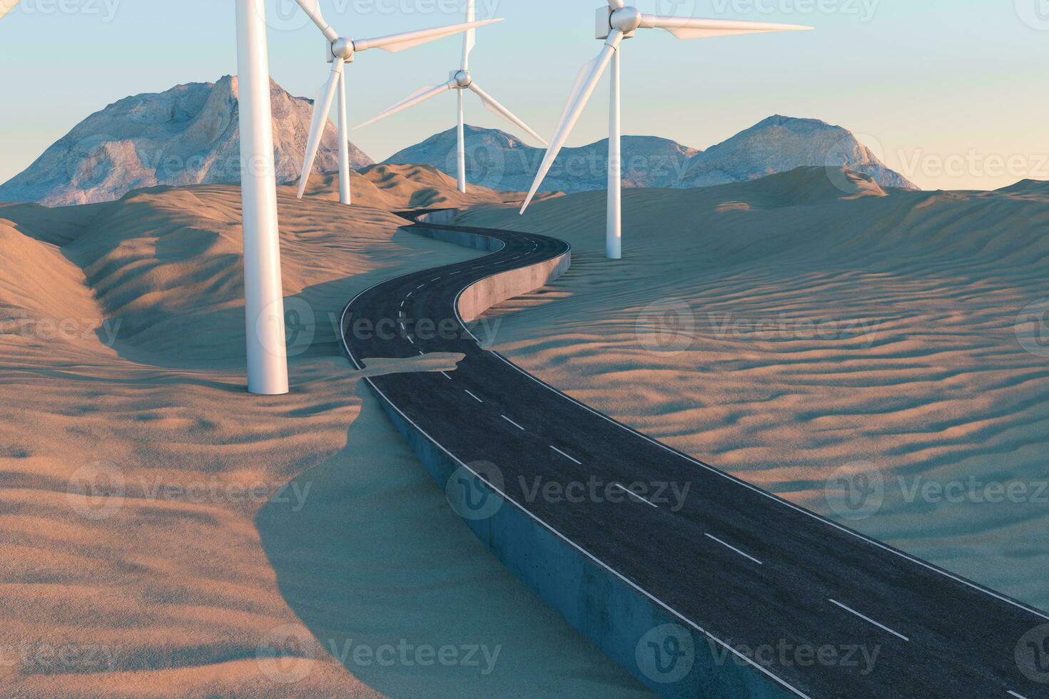 Windmills and winding road in the open, 3d rendering. photo