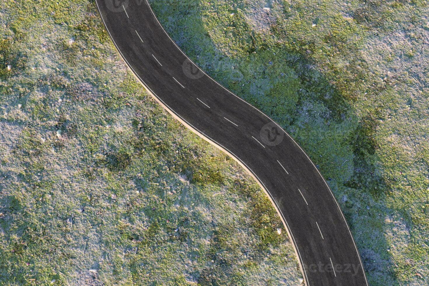 el ondulación la carretera en el abandonado afueras, 3d representación foto