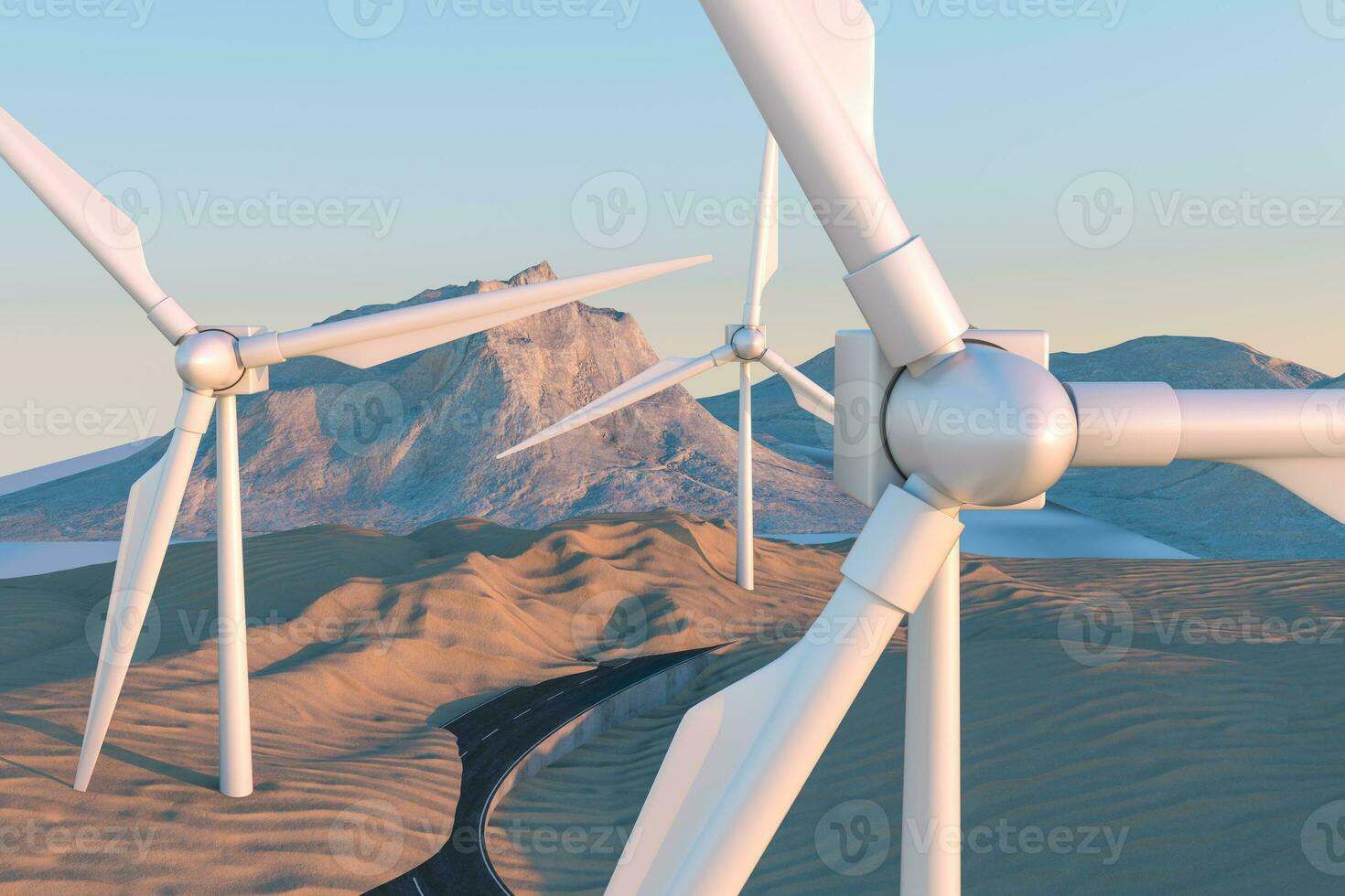 Windmills and winding road in the open, 3d rendering. photo