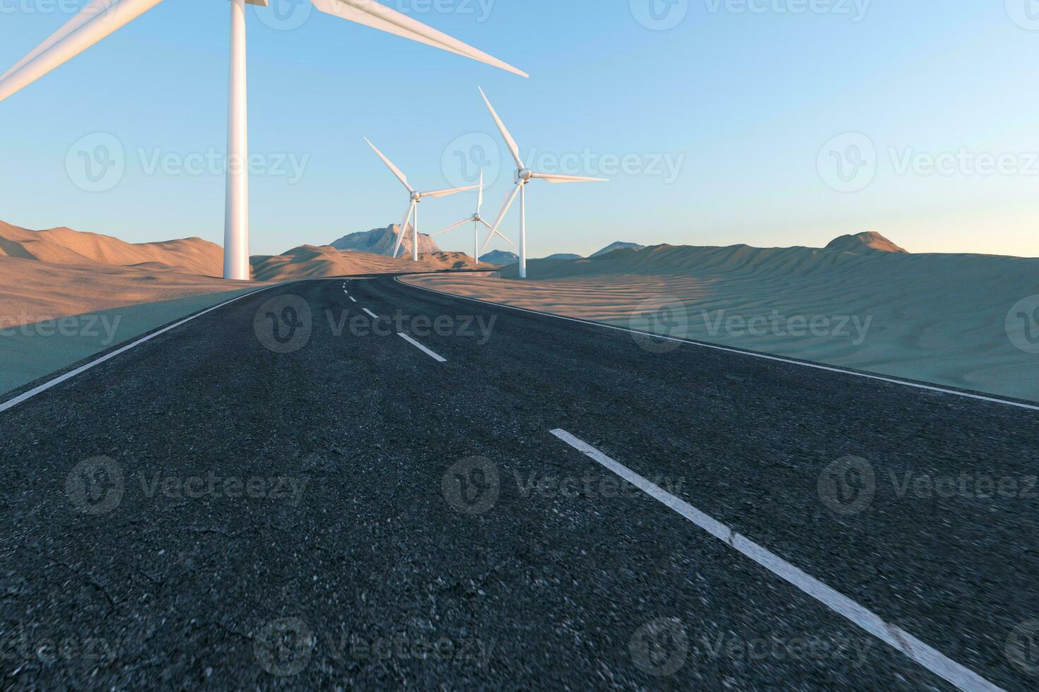 Windmills and winding road in the open, 3d rendering. photo