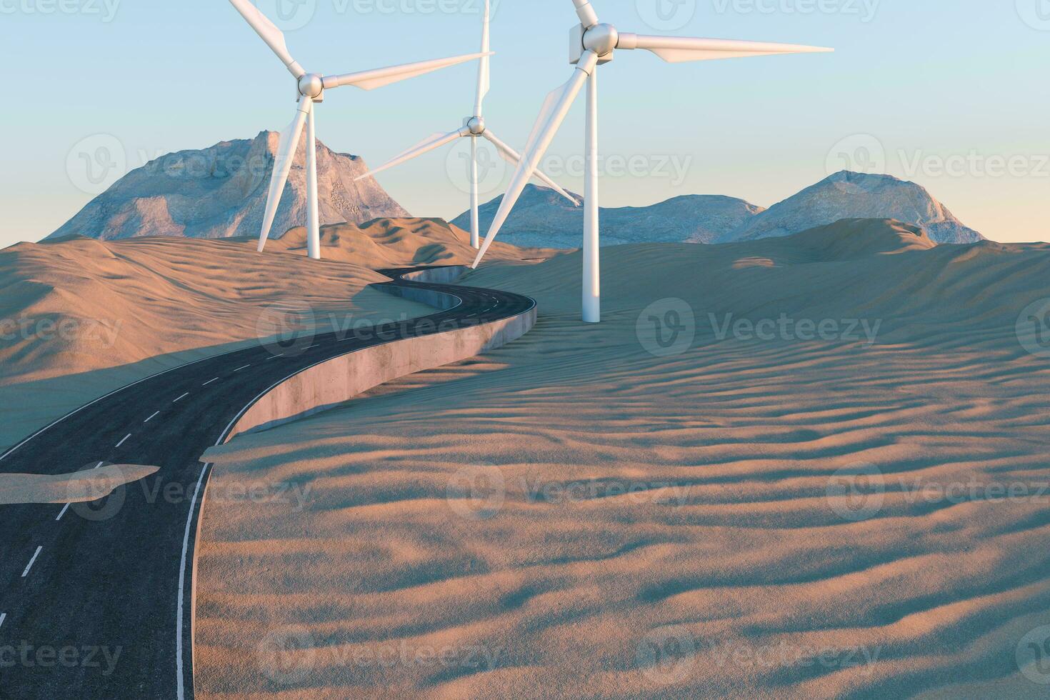 Windmills and winding road in the open, 3d rendering. photo