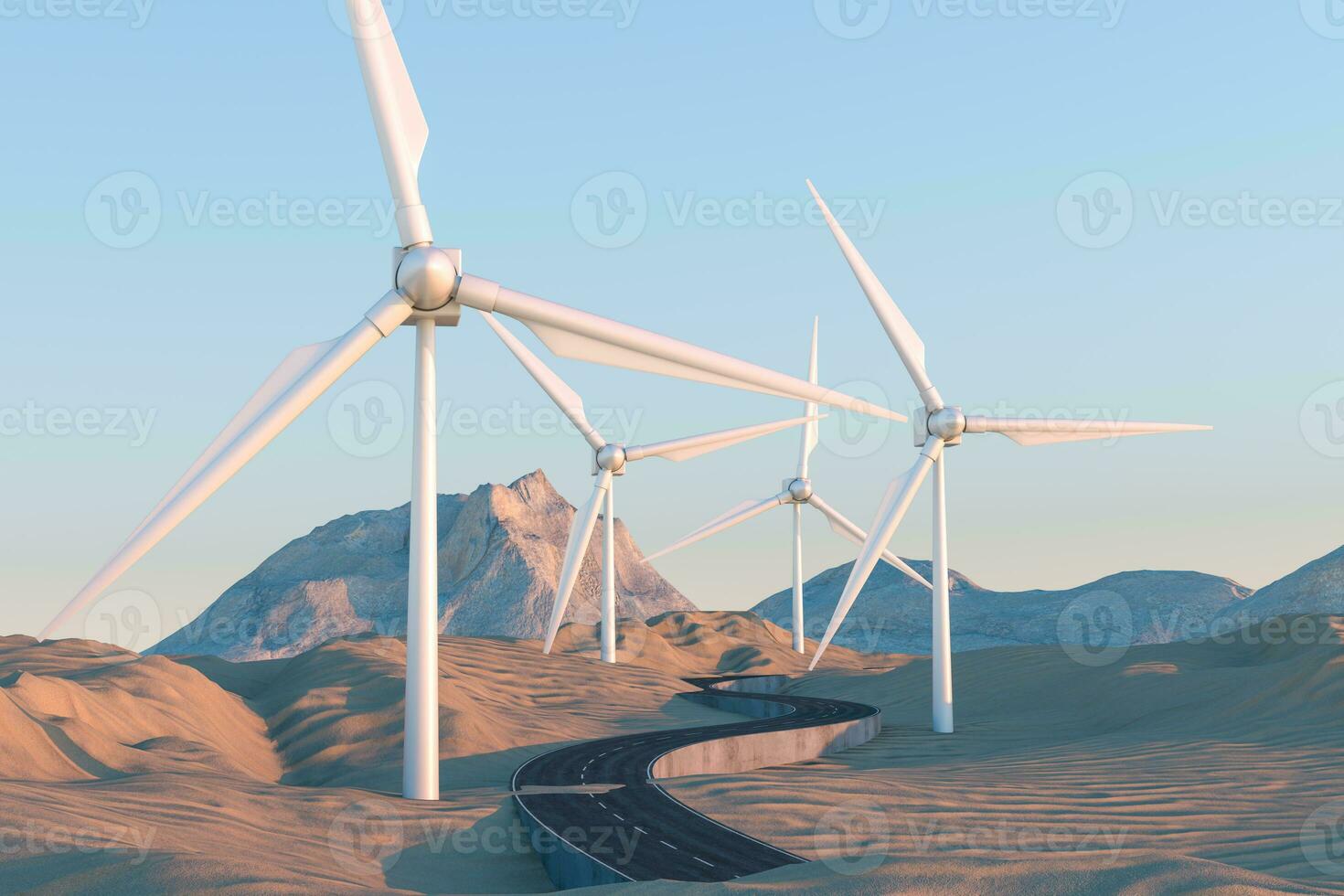 Windmills and winding road in the open, 3d rendering. photo