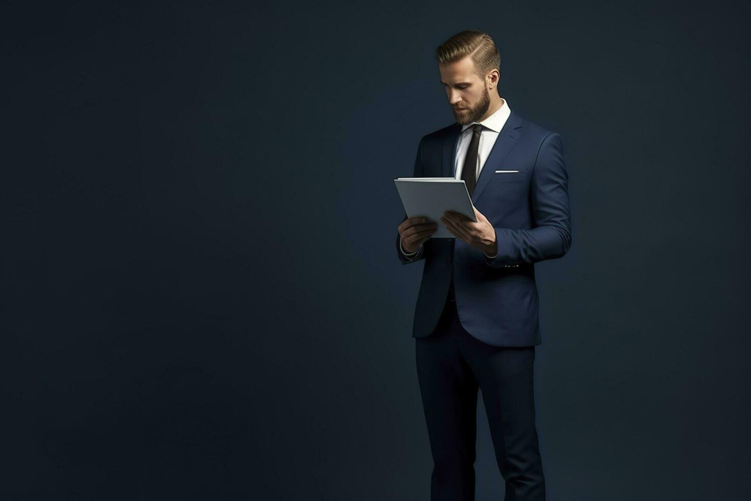 Man in a business suit. Copy space, background. photo