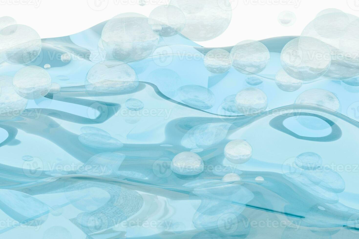 Light blue water wave cube, with creative spheres bubble, 3d rendering. photo