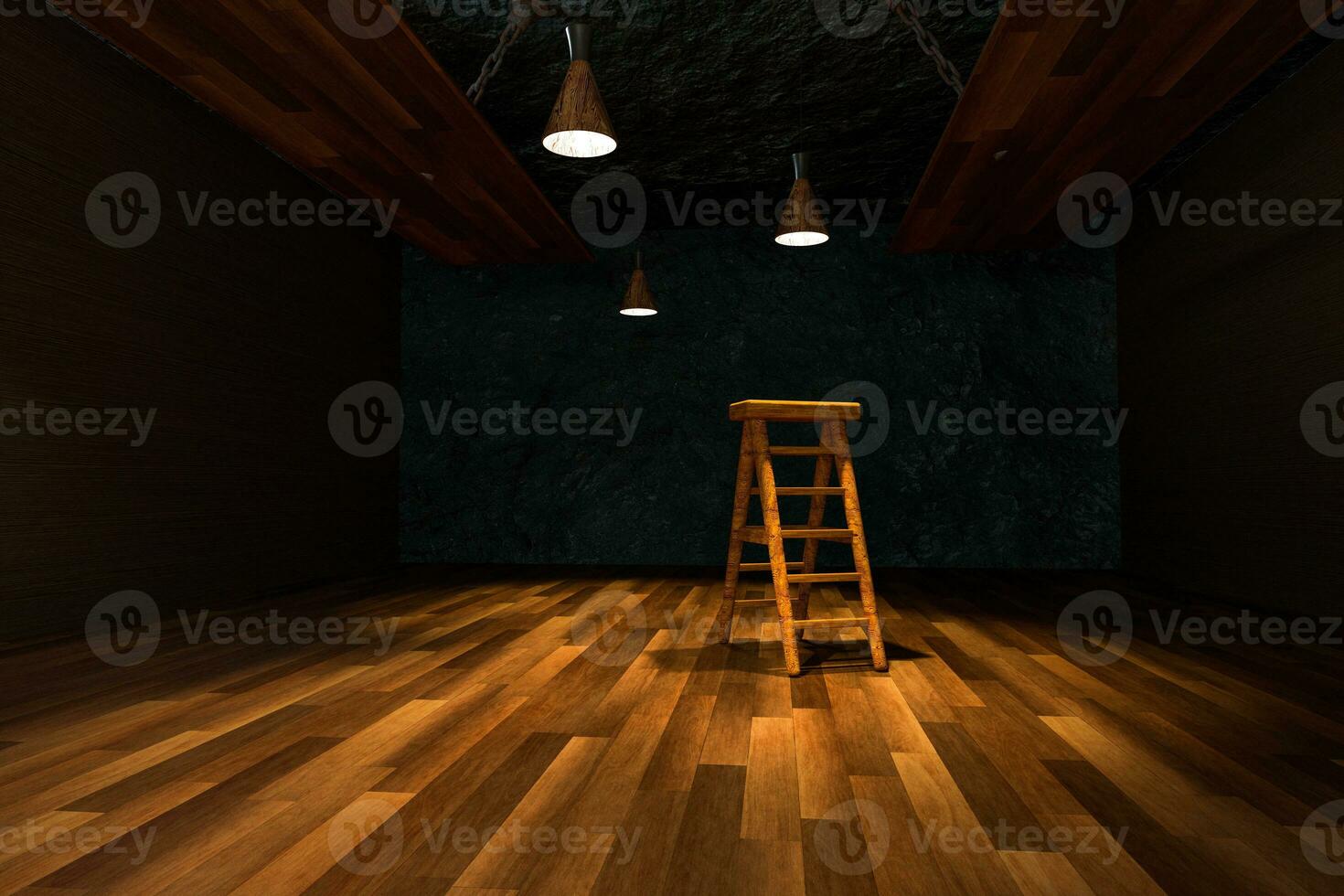 Wooden cellar with ladder and ceiling lamp inside, vintage warehouse, 3d rendering. photo