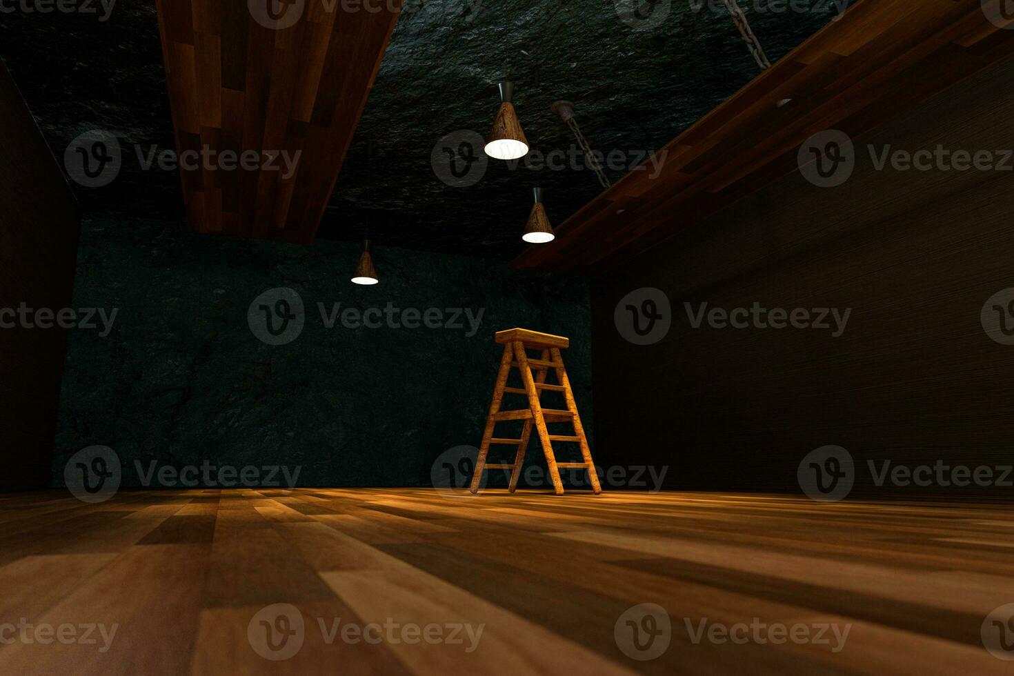 Wooden cellar with ladder and ceiling lamp inside, vintage warehouse, 3d rendering. photo