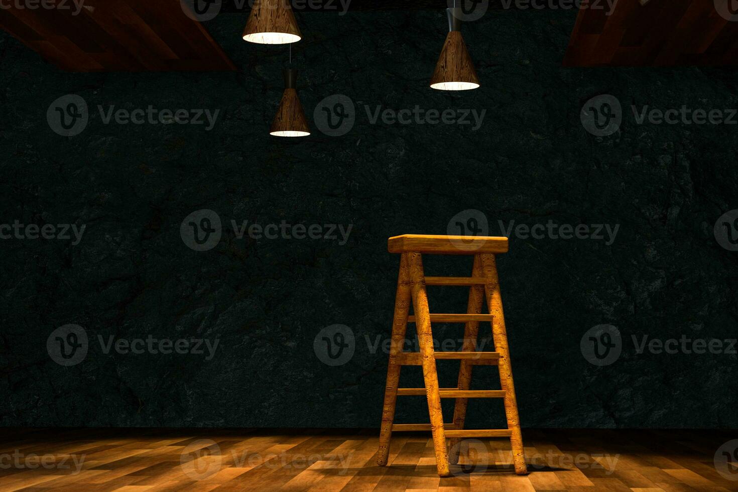 Wooden cellar with ladder and ceiling lamp inside, vintage warehouse, 3d rendering. photo