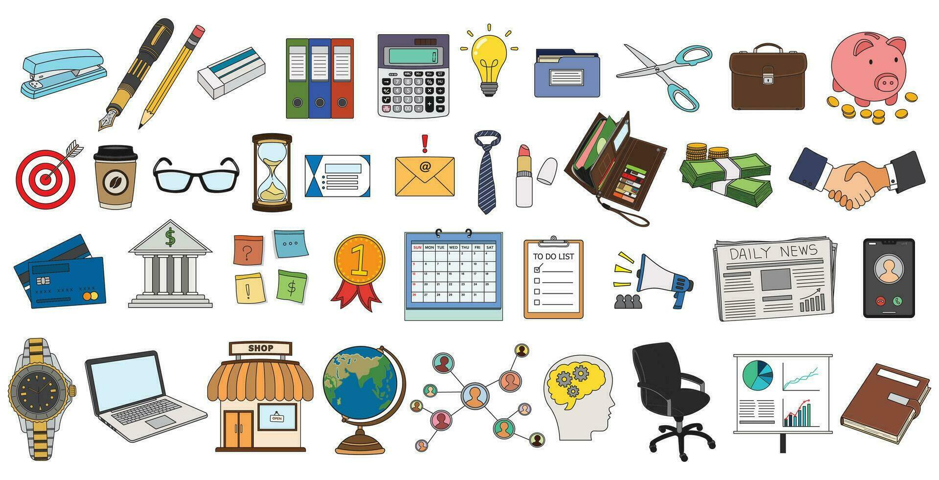 Stock Illustration of business accessories and equipments, business card,  office binder maps, sticky notes vector flat cartoon isolated set in doodle  style 27887792 Vector Art at Vecteezy