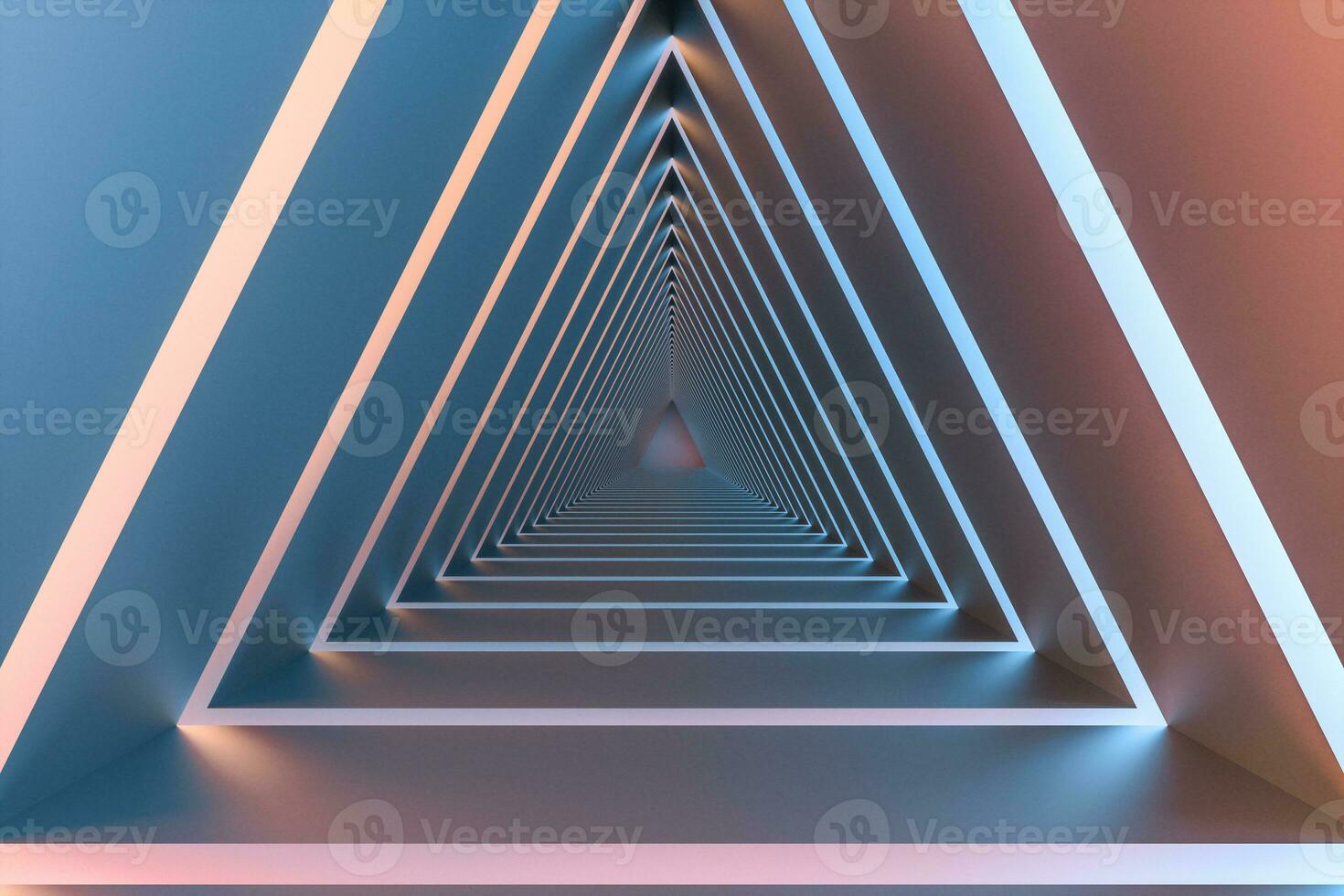 3d rendering, triangle tunnel with glowing lines background photo