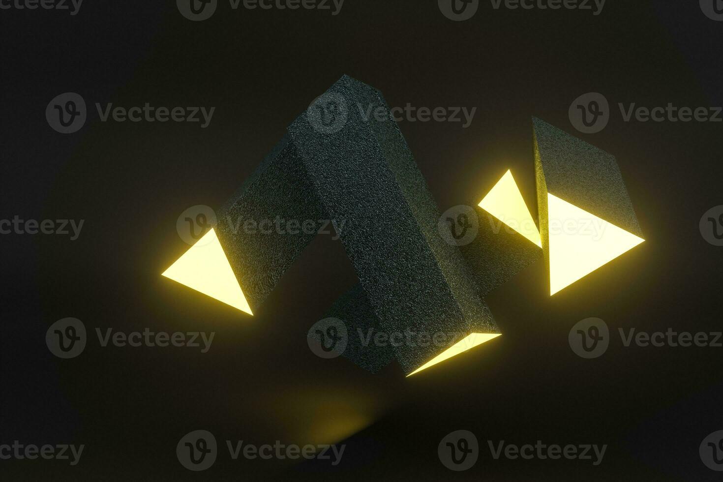 3d rendering, yellow glowing triangle pillar with dark background, photo