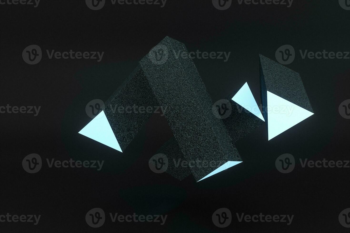 3d rendering, blue glowing triangle pillar with dark background, photo