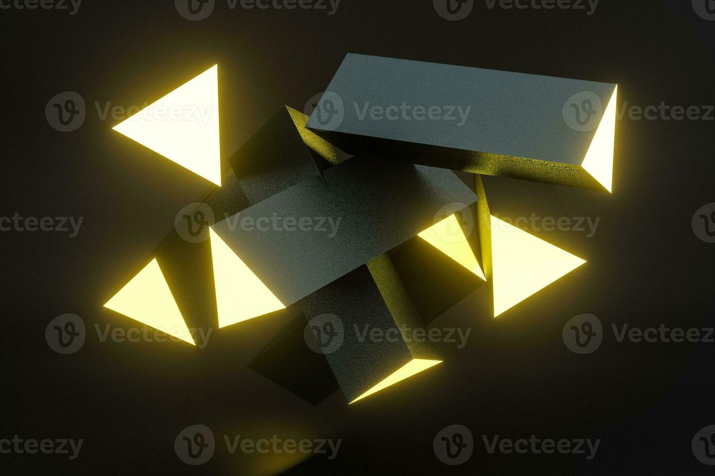 3d rendering, yellow glowing triangle pillar with dark background, photo