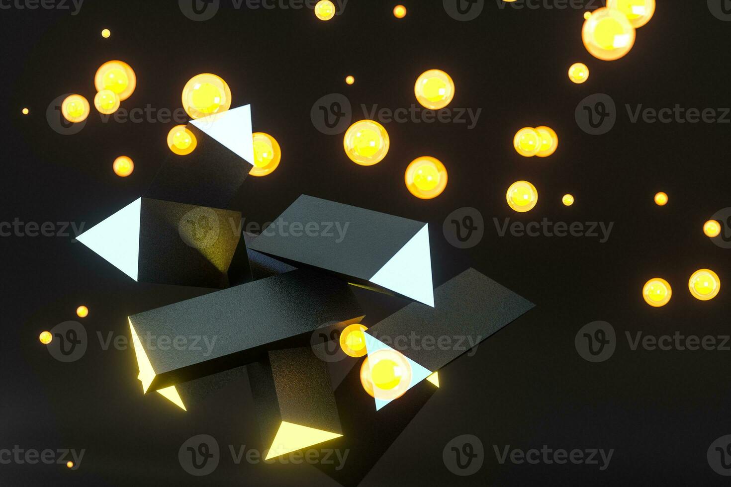 3d rendering, yellow glowing triangle pillar with dark background, photo