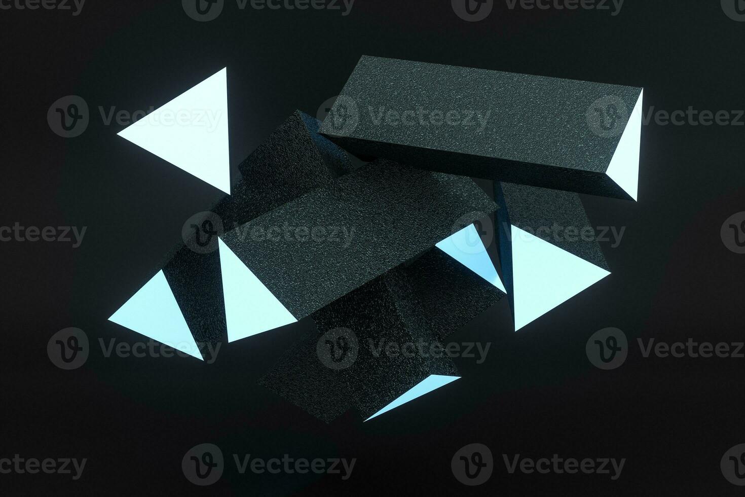3d rendering, blue glowing triangle pillar with dark background, photo