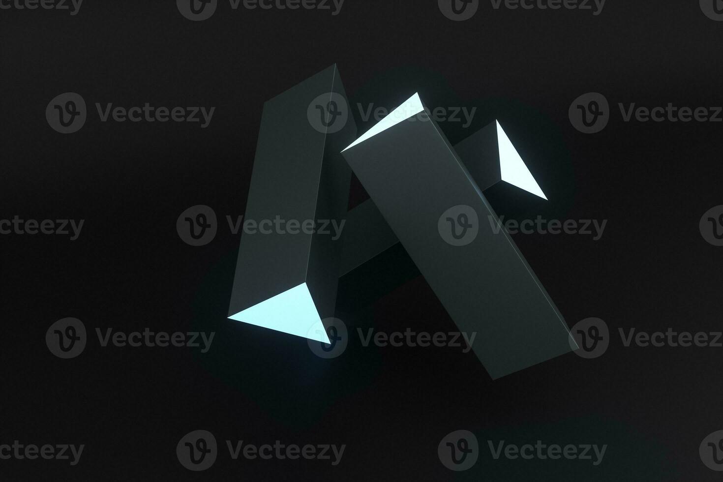 3d rendering, blue glowing triangle pillar with dark background, photo