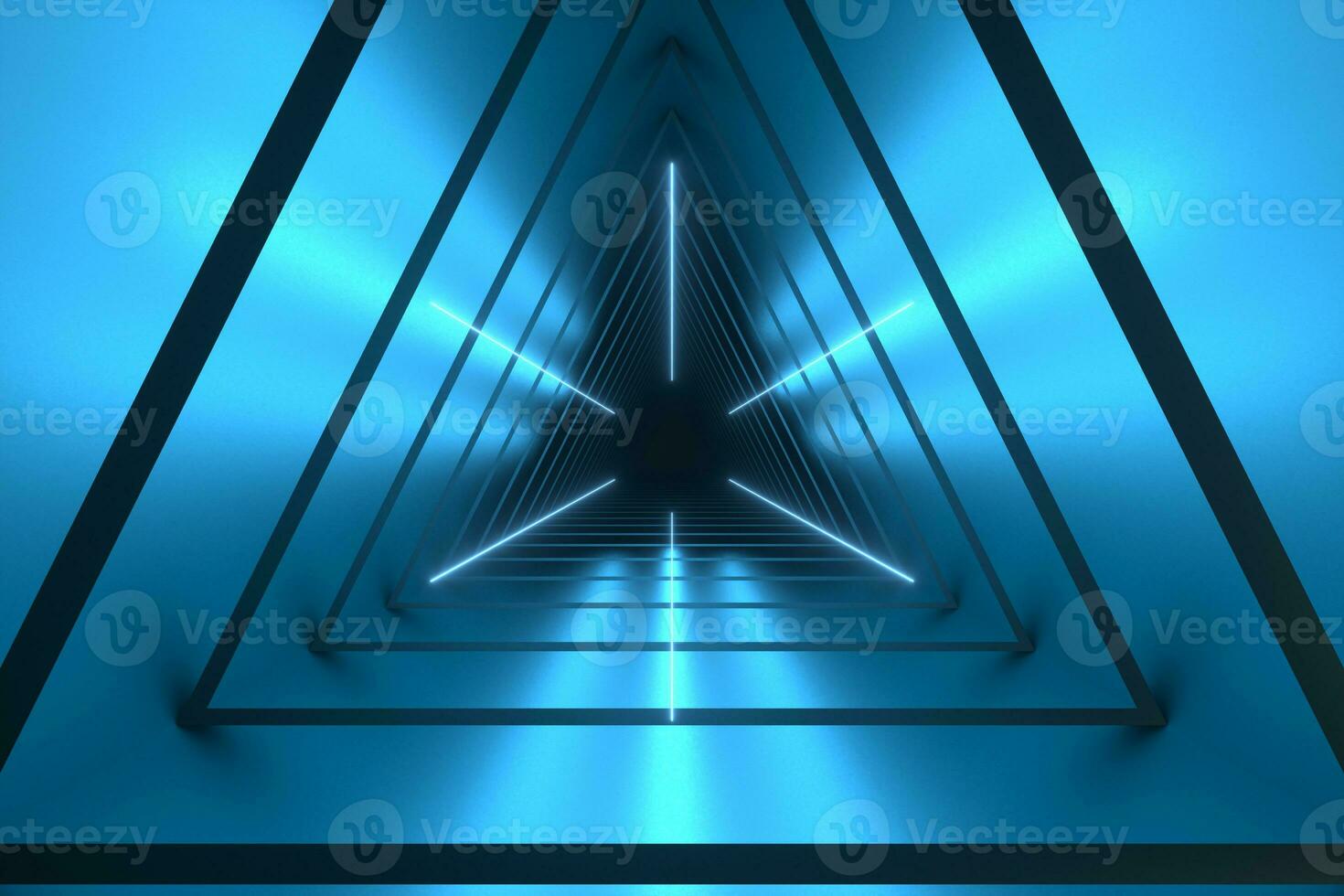 3d rendering, triangle tunnel with glowing lines background photo