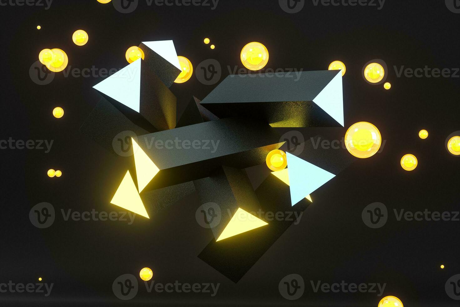 3d rendering, yellow glowing triangle pillar with dark background, photo