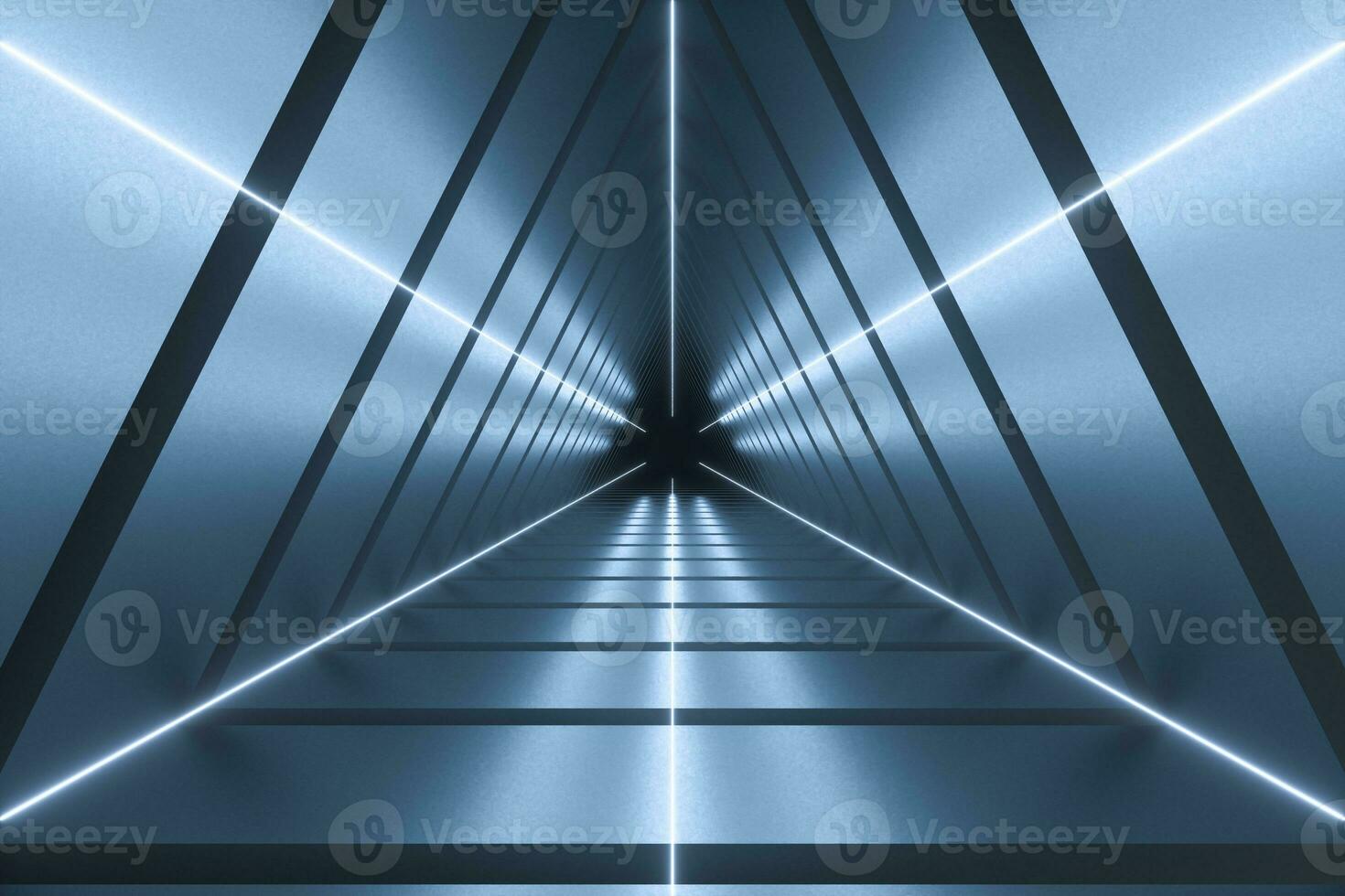 3d rendering, triangle tunnel with glowing lines background photo