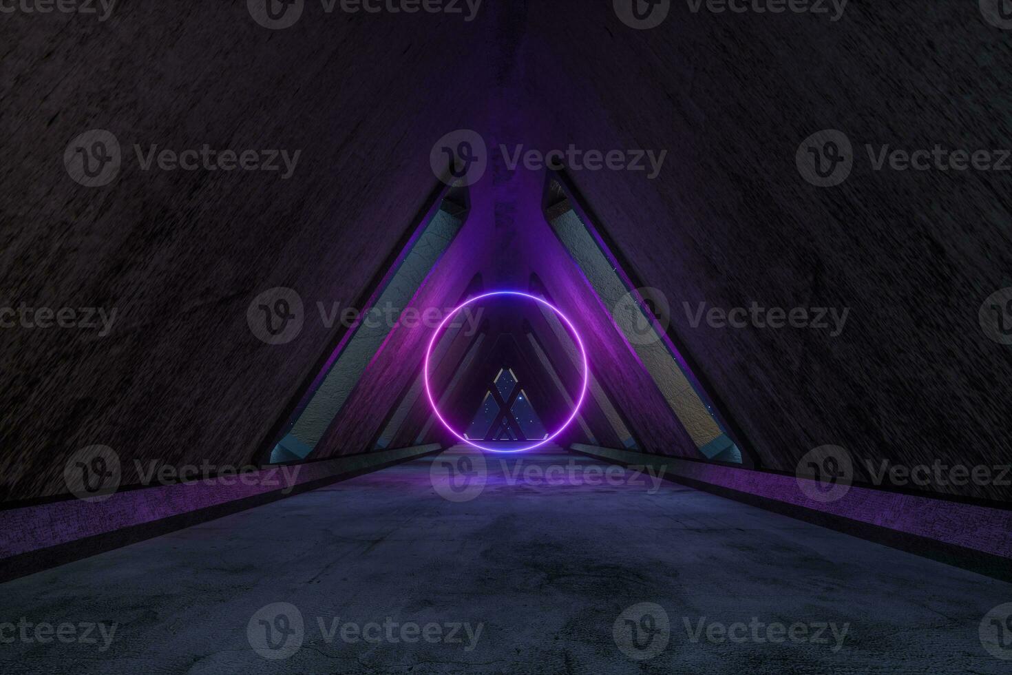 Fantasy concrete tunnel building with glowing neon light. 3d rendering. photo