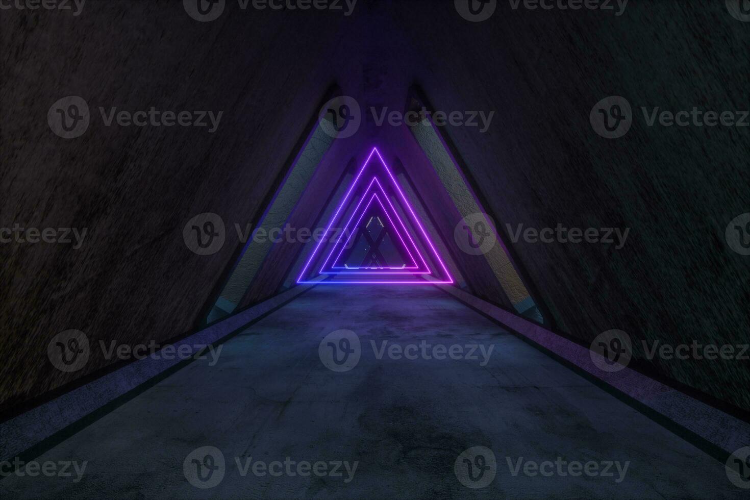 Fantasy concrete tunnel building with glowing neon light. 3d rendering. photo