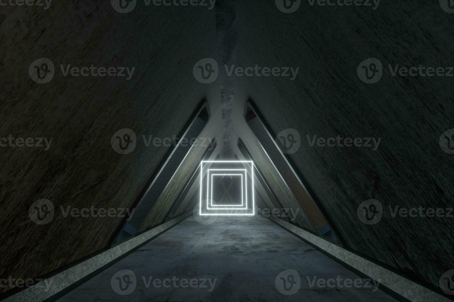 Fantasy concrete tunnel building with glowing neon light. 3d rendering. photo