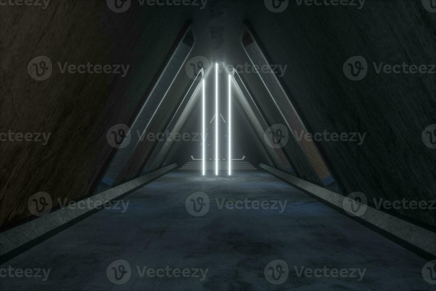 Fantasy concrete tunnel building with glowing neon light. 3d rendering. photo