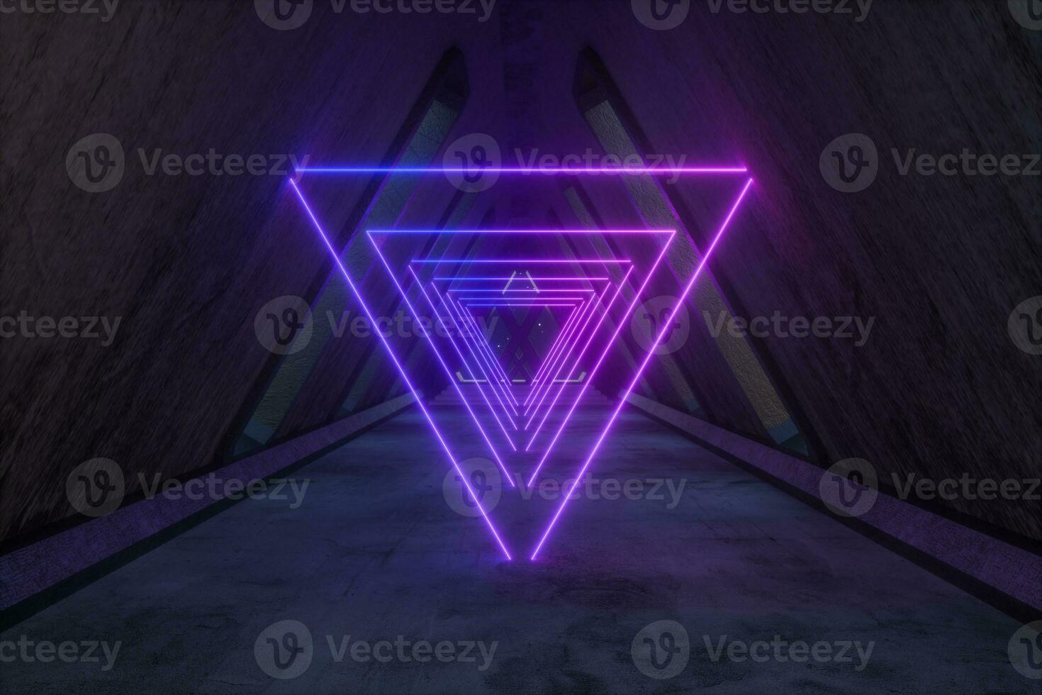 Fantasy concrete tunnel building with glowing neon light. 3d rendering. photo