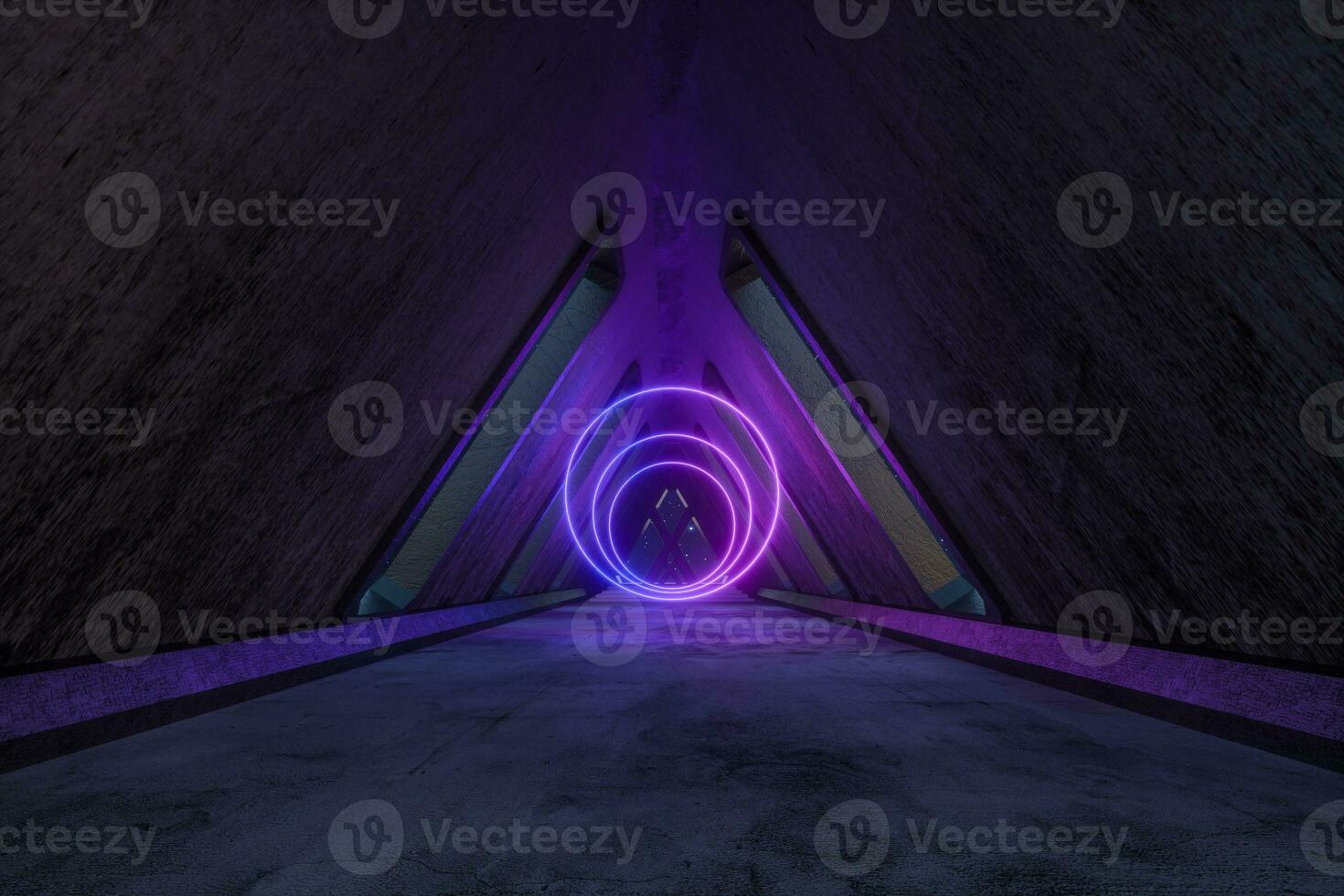 Fantasy concrete tunnel building with glowing neon light. 3d rendering. photo