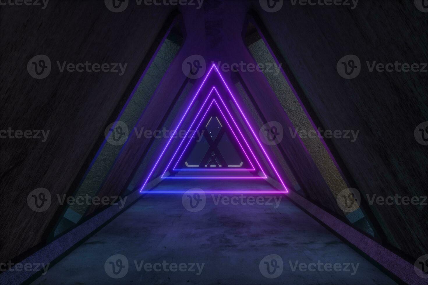 Fantasy concrete tunnel building with glowing neon light. 3d rendering. photo