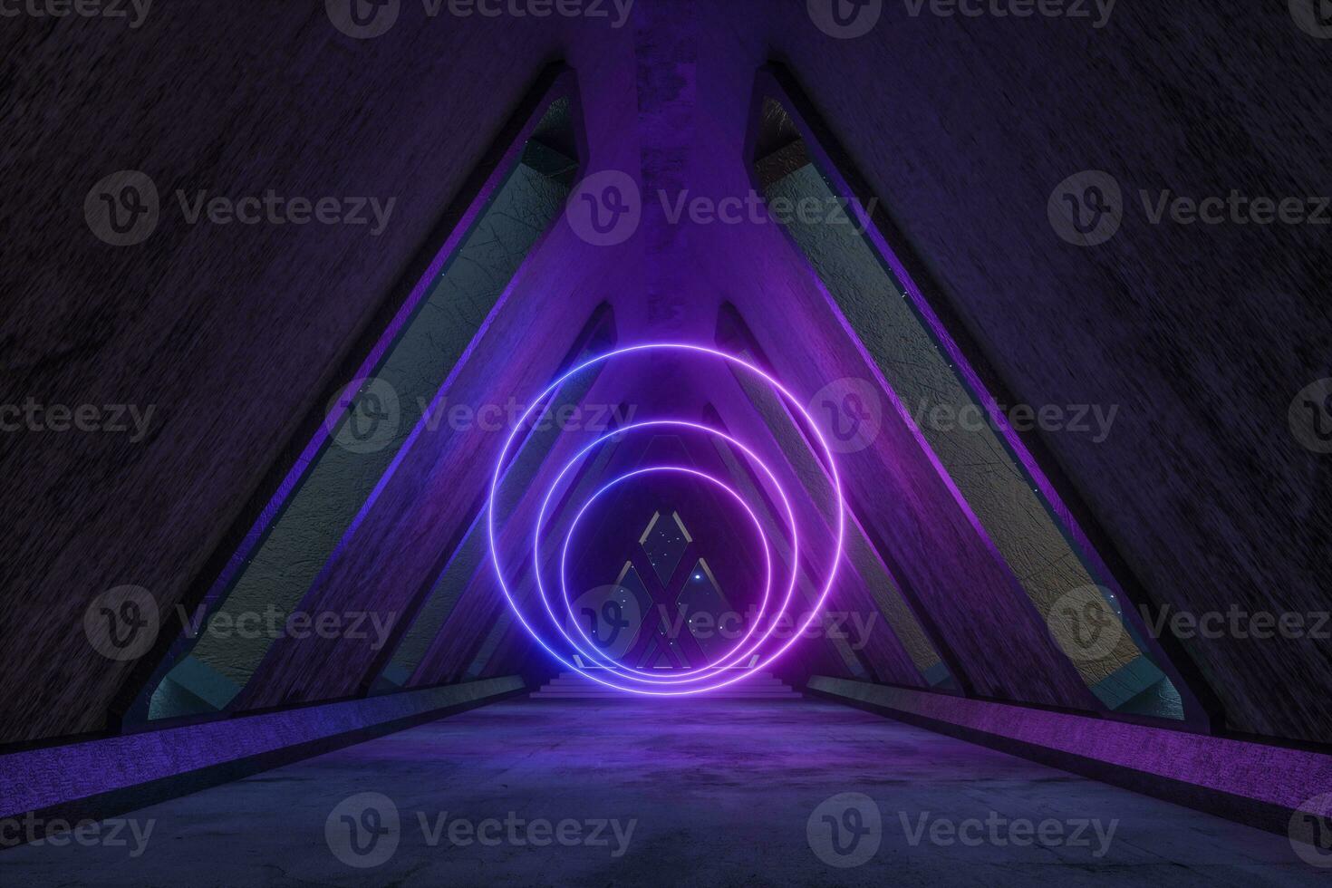 Fantasy concrete tunnel building with glowing neon light. 3d rendering. photo