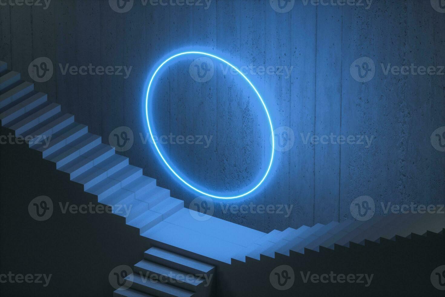 The stairway in the dark basement with glowing lines, 3d rendering. photo