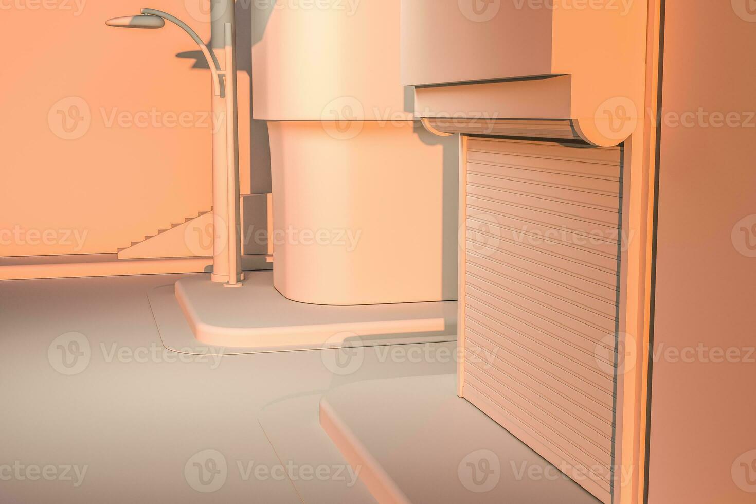 The street corner of a city, with a vending machine by the road at sunset, 3d rendering. photo