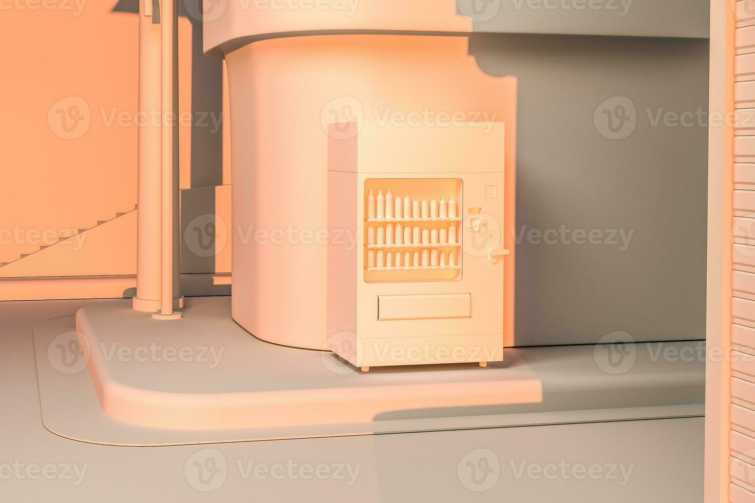The street corner of a city, with a vending machine by the road at sunset, 3d rendering. photo
