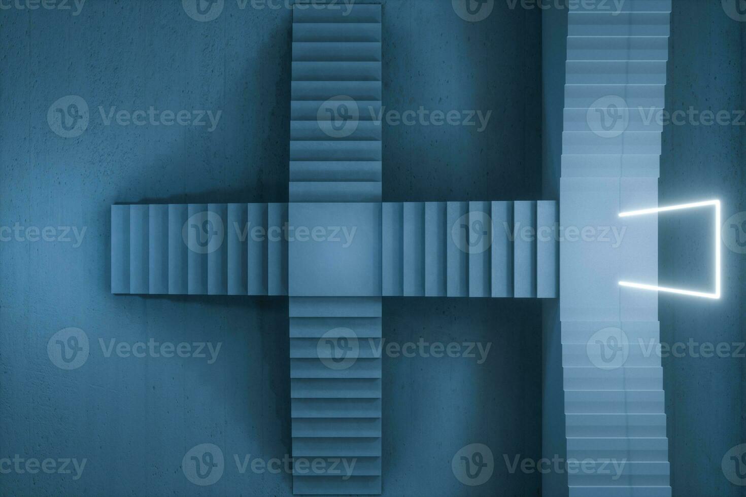 The stairway in the dark basement with glowing lines, 3d rendering. photo