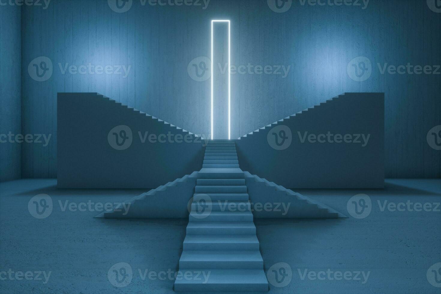The stairway in the dark basement with glowing lines, 3d rendering. photo