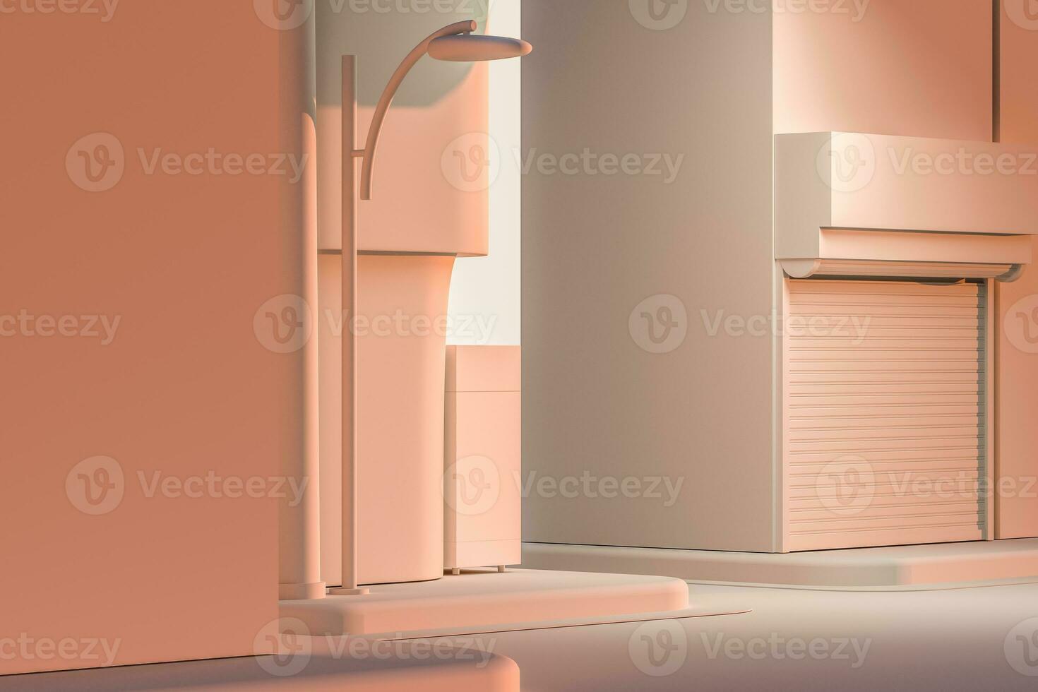 The street corner of a city, with a vending machine by the road at sunset, 3d rendering. photo