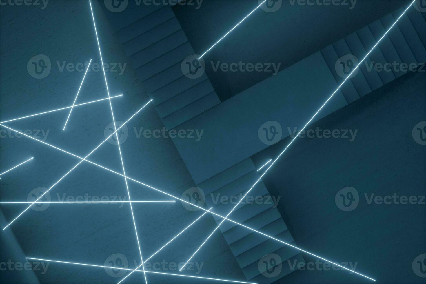 The stairway in the dark basement with glowing lines, 3d rendering. photo