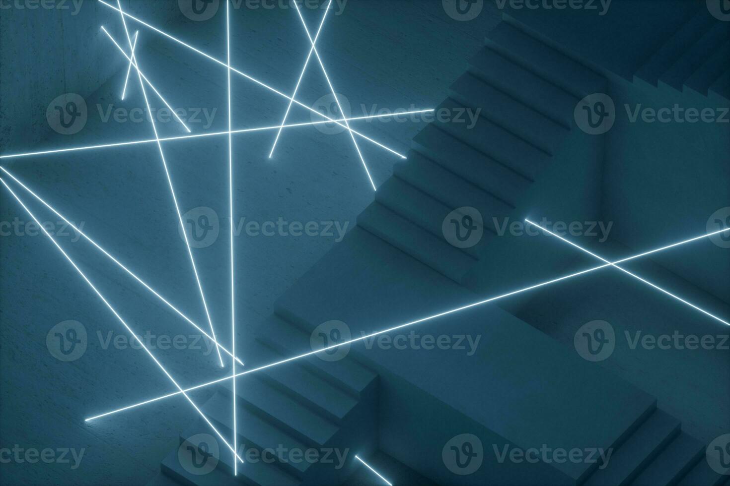 The stairway in the dark basement with glowing lines, 3d rendering. photo